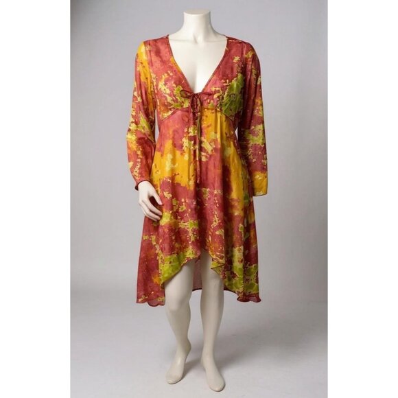 90s Y2K Style 101 Sheer Tie Dye Beach Cover Dress With Tie Front Detail Size M - Picture 1 of 5